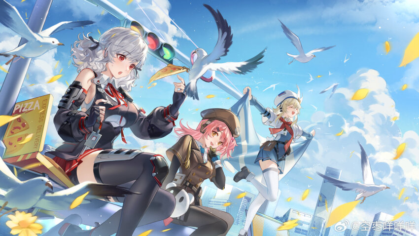 bird blonde_hair building cheeta_(girls&#039;_frontline_2) cloud flower food girls&#039;_frontline girls&#039;_frontline_2:_exilium highres kongzao mp7_(girls&#039;_frontline) multiple_girls nagant_(girls&#039;_frontline_2) nagant_revolver_(girls&#039;_frontline) pizza sabrina_(girls&#039;_frontline_2) seagull spas-12_(girls&#039;_frontline) thighhighs traffic_light watermark weibo_watermark yellow_flower