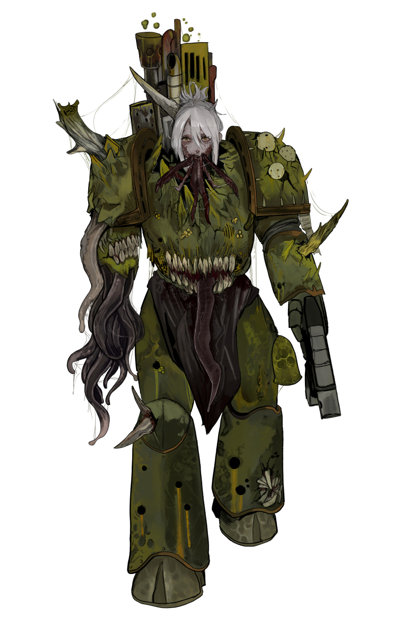 1girl absurdres adeptus_astartes armor body_horror bolter breastplate chaos_(warhammer) chaos_space_marine commentary english_commentary extra_mouth full_armor full_body gauntlets gun highres holding holding_gun holding_weapon horns kkghost_tv leg_armor looking_at_viewer nurgle_(cult) pauldrons power_armor shoulder_armor single_gauntlet solo tentacle_arm warhammer_40k weapon white_background white_hair