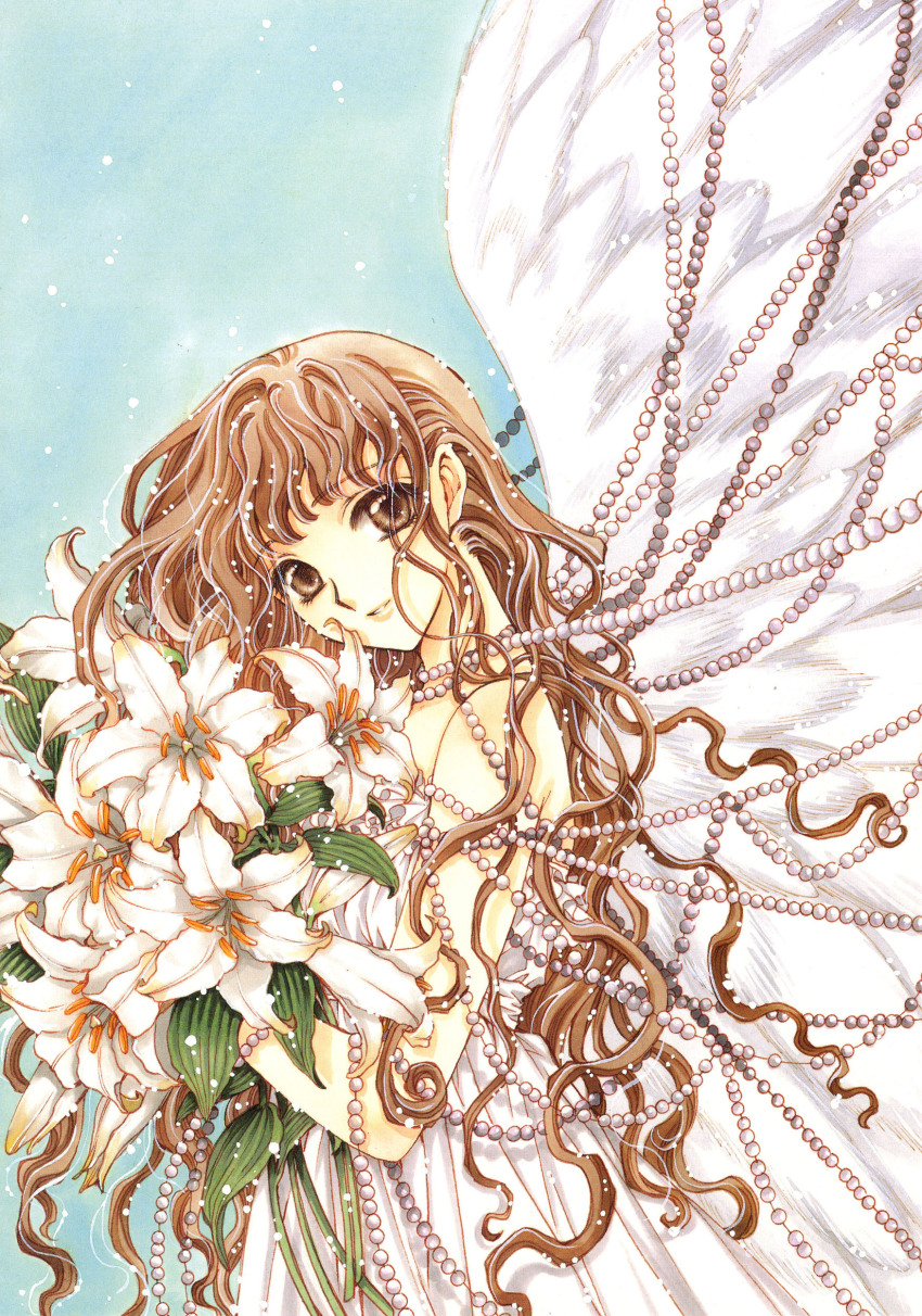 1girl absurdres angel_wings bare_shoulders bouquet brown_eyes brown_hair clamp dress female_focus flower gem head_tilt highres holding holding_flower light_smile lily_(flower) long_hair looking_at_viewer monou_kotori non-web_source official_art pearl_(gemstone) scan scan_artifacts sleeveless smile solo traditional_media wavy_hair white_dress wings x_(manga)
