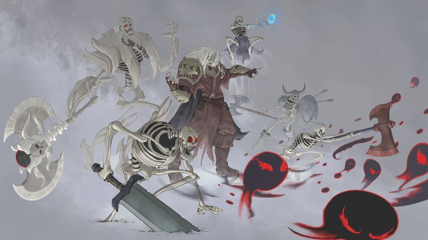 1boy adventurequest_worlds arrow_(projectile) axe belt_pouch bone boots cloak fake_horns green_eyes grey_background helmet highres holding holding_sword holding_weapon horned_helmet horns long_hair monster necromancer pouch purple_cloak red_eyes ribs shield shoulder_pads skeleton sword turban weapon white_hair