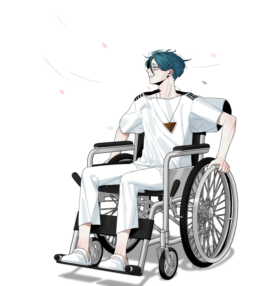1boy absurdres blue_hair commentary_request full_body hair_between_eyes highres looking_to_the_side maelo male_focus meguriya_ayumu pants petals profile shirt shoes short_hair short_sleeves simple_background sitting smile solo toshi_densetsu_kaitai_center triangle_necklace wheelchair white_background white_pants white_shirt white_shoes wind