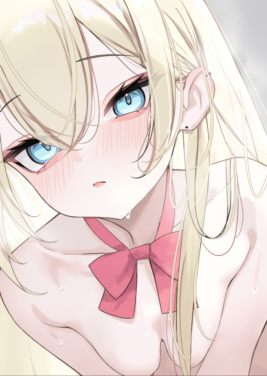 1girl bare_shoulders blonde_hair blue_eyes blush bow bowtie breasts highres long_hair looking_at_viewer naked_bowtie nude original rifufu small_breasts solo wet