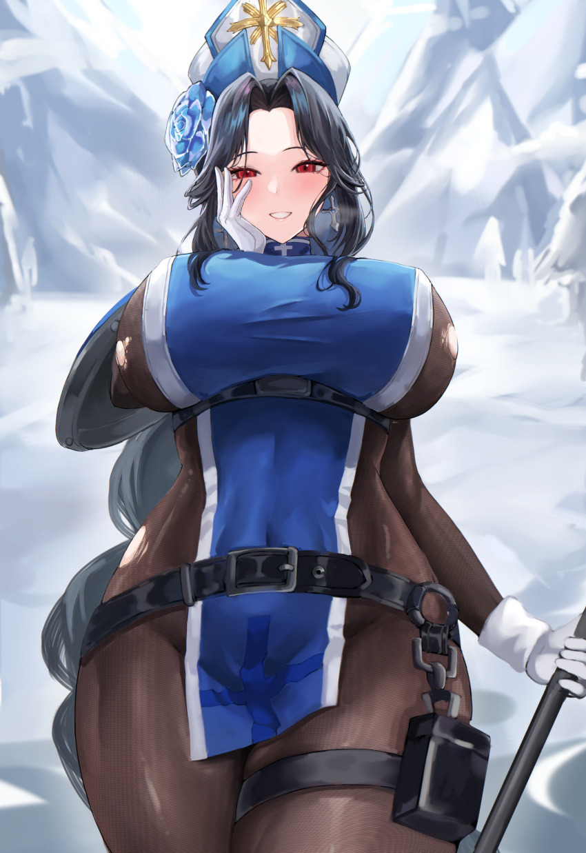 absurdres arm_shield belt blue_tabard blush bodystocking breasts goddess_of_victory:_nikke hand_on_own_cheek hand_on_own_face hat highres holding holding_mace holding_weapon ice_flower large_breasts long_hair mace maiden_(ice_rose)_(nikke) maiden_(nikke) mitre nanasuru open_mouth pelvic_curtain red_eyes see-through_bodystocking smile steam tabard thighs torn_bodystocking torn_clothes underboob very_long_hair weapon