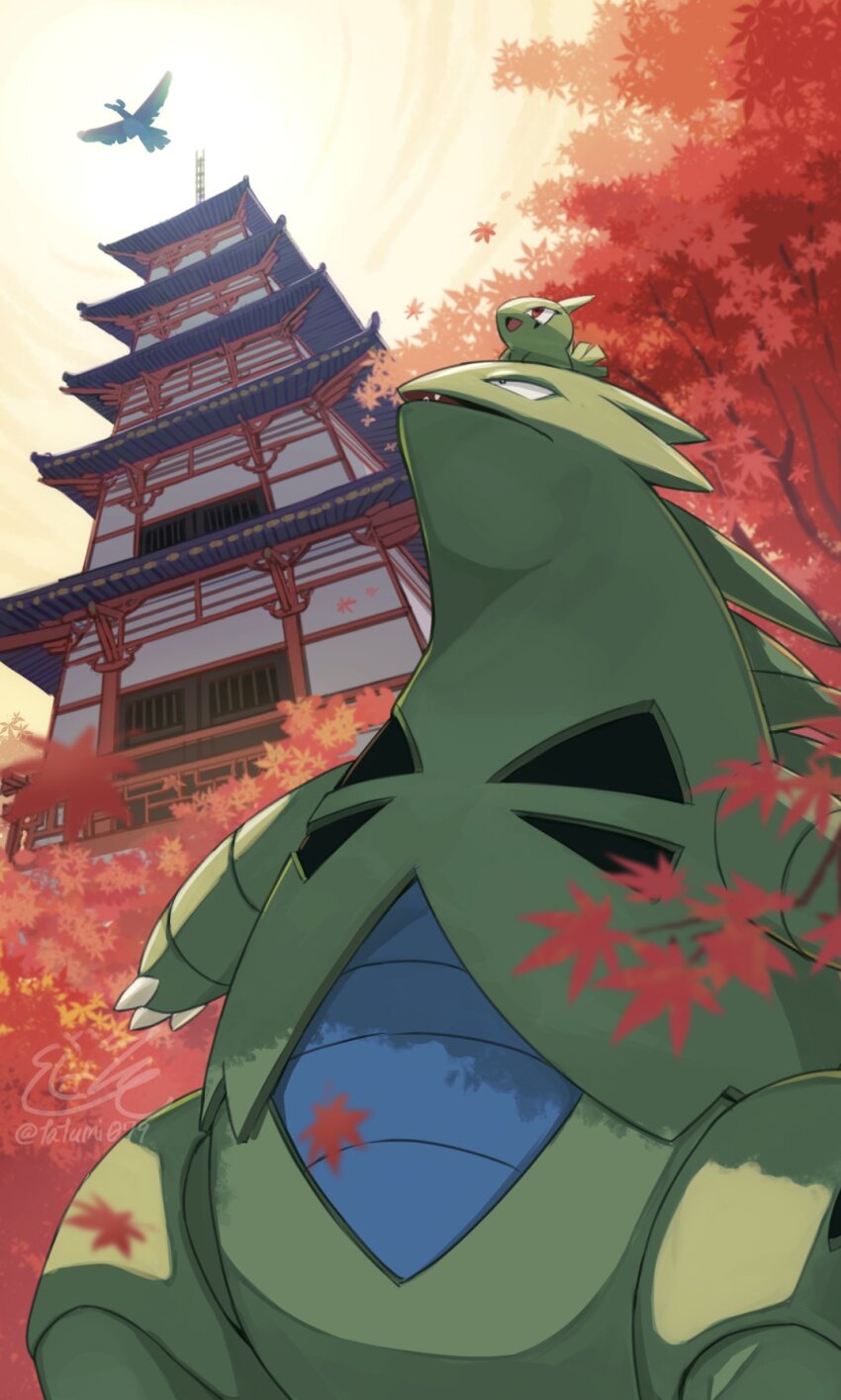 autumn_leaves blurry blurry_background colored_skin evolutionary_line gen_2_pokemon green_skin highres ho-oh larvitar leaf legendary_pokemon looking_up nintendo outdoors pokemon pokemon_(creature) sunlight tatsumi_(panneko) tower tyranitar