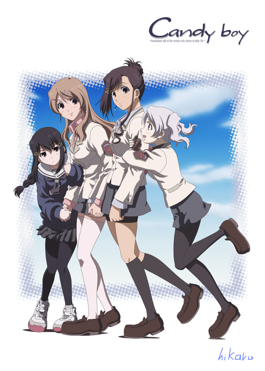 4girls arm_hug artist_name black_hair black_pantyhose black_socks brown_hair candy_boy cloud cloudy_sky highres hikaru holding_hands kamiyama_sakuya loafers long_hair multiple_girls pantyhose sakurai_kanade sakurai_shizuku sakurai_yukino school_uniform shoes short_hair siblings sisters sky sneakers socks thighhighs twins very_long_hair white_hair white_socks