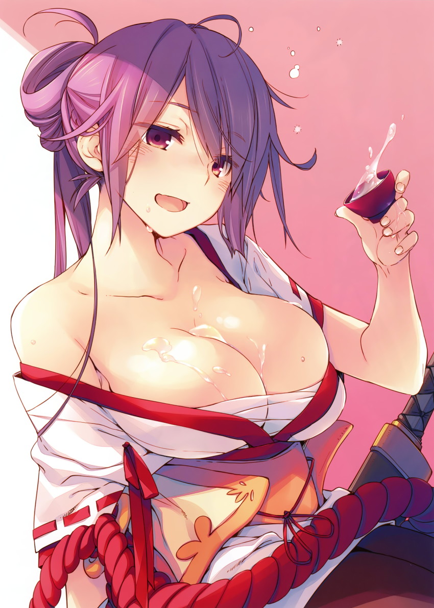 1girl :d absurdres ahoge alcohol arm_at_side arm_support bare_shoulders blush breasts brown_pantyhose budget_sarashi bust_cup choko_(cup) cleavage collarbone cup drunk dungeon_travelers_2 eyelashes female_focus fingernails folded_ponytail hair_between_breasts half-closed_eyes highres holding holding_cup houzouji_yae japanese_clothes kokonoka large_breasts long_hair looking_at_viewer nontraditional_miko obi off_shoulder open_mouth original pantyhose purple_hair red_eyes red_ribbon ribbon ribbon-trimmed_sleeves ribbon_trim rope sake sarashi sash short_sleeves sidelocks sitting skindentation smile solo wide_sleeves