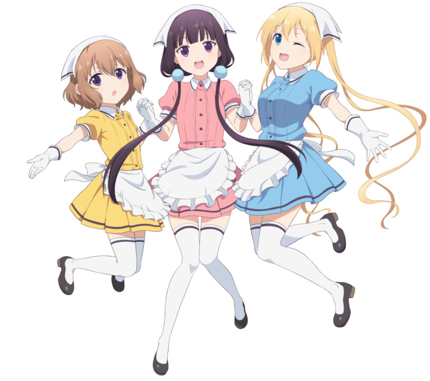 3girls apron blend_s blonde_hair blue_eyes breasts brown_hair gloves hair_between_eyes headscarf hinata_kaho hoshikawa_mafuyu large_breasts long_hair looking_at_viewer multiple_girls open_mouth sakuranomiya_maika shirt short_sleeves smile stile_uniform thighhighs twintails ushio_(0632cd-0729jf) very_long_hair waitress white_gloves white_headscarf white_thighhighs