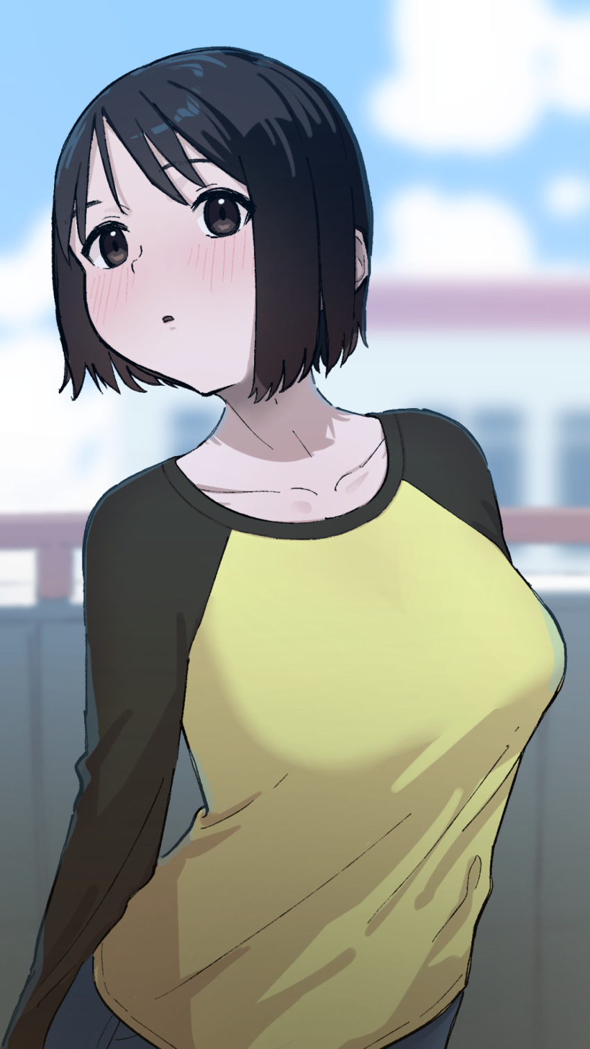 1girl arched_back arms_behind_back black_hair black_shirt blue_skirt blue_sky blurry blurry_background blush bob_cut breasts brown_eyes building cloud collarbone commentary day denim denim_skirt highres large_breasts looking_at_viewer nakahara_misaki nhk_ni_youkoso! outdoors parted_lips raglan_sleeves railing shirt short_hair_with_long_locks skirt sky solo tabata_mihira turning_head two-tone_shirt yellow_shirt
