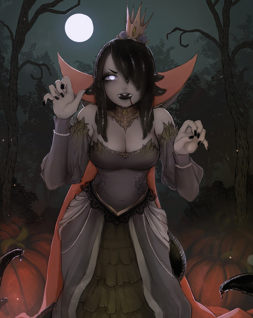 1girl :d bare_shoulders bare_tree black_hair black_nails blood blood_from_mouth breasts claw_pose cleavage colored_skin crown dress dripping fangs female_focus fingernails forest full_moon grey_dress grey_skin grey_sky hair_over_one_eye hands_up highres large_breasts leech leech_queen_(matilda_fiship) looking_at_viewer matilda_fiship moon nail_polish nature night night_sky one_eye_covered open_mouth original outdoors sky smile solo standing tail tentacle_hair tree white_eyes