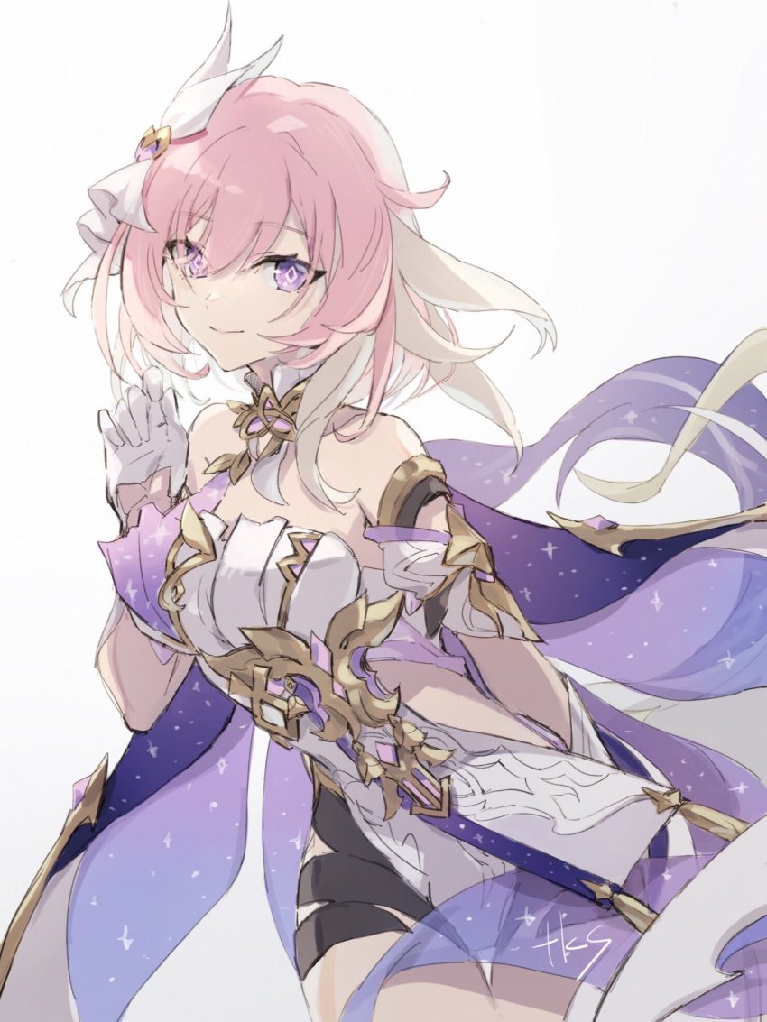 1girl bare_shoulders closed_mouth diamond-shaped_pupils diamond_(shape) dress elf elysia_(herrscher_of_human:_ego)_(honkai_impact) elysia_(honkai_impact) gloves hair_ornament highres honkai_(series) honkai_impact_3rd looking_at_viewer pink_eyes pink_hair pointy_ears simple_background smile solo symbol-shaped_pupils takase_(takase1214) white_background white_dress white_gloves