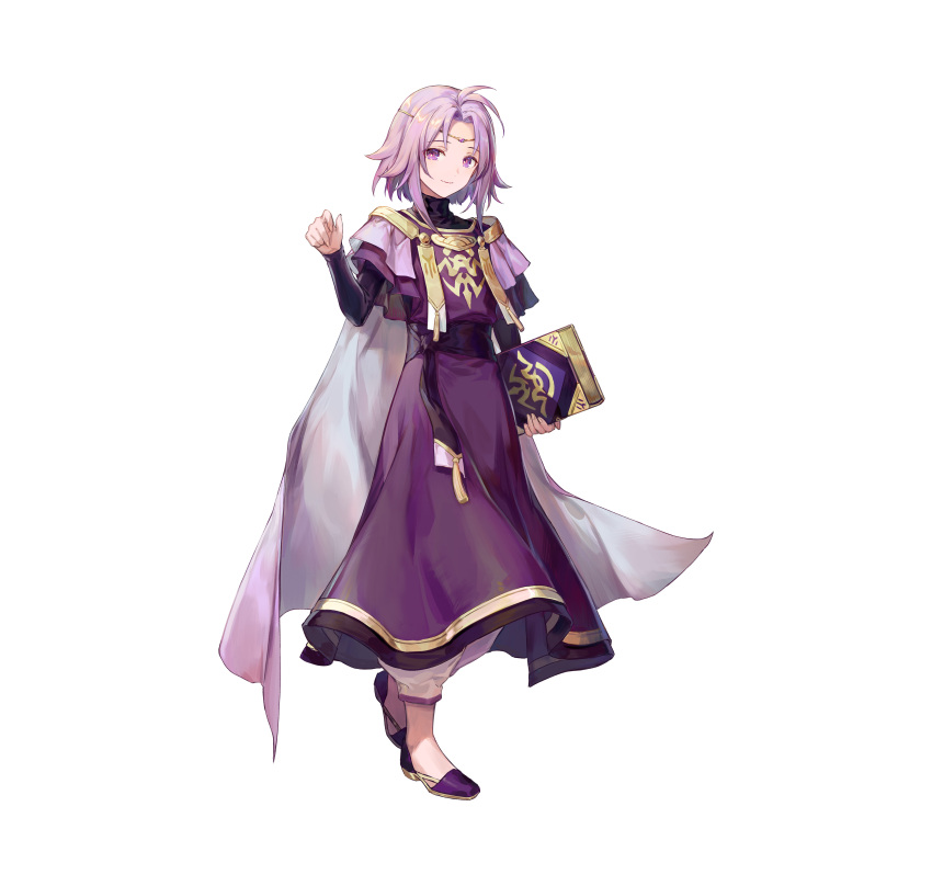 1boy absurdres aged_down azu-taro book cape child circlet commentary_request fire_emblem fire_emblem:_the_sacred_stones fire_emblem_heroes full_body highres holding holding_book looking_at_viewer lyon_(fire_emblem) lyon_(grado&#039;s_gaze)_(fire_emblem) male_focus nintendo official_art purple_eyes purple_hair simple_background solo standing white_background