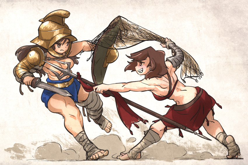 2girls armor asymmetrical_armor back bandaged_leg bandages barefoot belt brown_eyes brown_hair dust fighting frown gladiator_(centurii-chan) gladius helmet highres holding holding_polearm holding_weapon ironlily long_hair multiple_girls muscular muscular_female net original pauldrons polearm roman_empire sharp_teeth shield short_hair shoulder_armor single_pauldron skirt smile spear sword teeth toned toned_female topless_female trident weapon