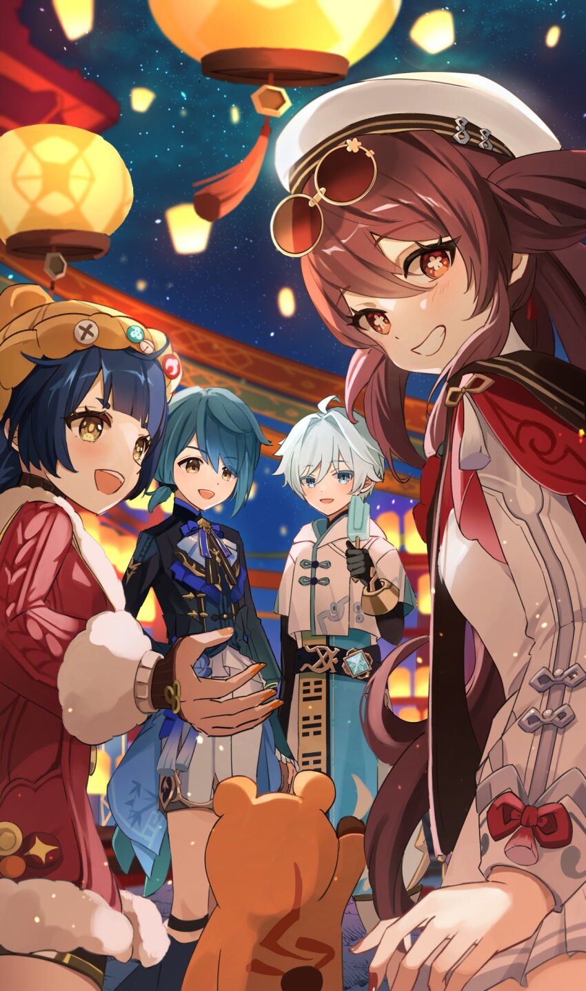 2boys 2girls black_gloves black_jacket blue_eyes blue_hair brown_hair chinese_clothes chongyun_(genshin_impact) eyewear_on_head flower-shaped_pupils genshin_impact gloves guoba_(genshin_impact) hat highres hu_tao_(cherries_snow-laden)_(genshin_impact) hu_tao_(genshin_impact) jacket lantern long_hair looking_at_viewer multiple_boys multiple_girls night night_sky red_eyes red_jacket short_hair sky sunglasses symbol-shaped_pupils tinted_eyewear upper_body white_hat xiangling_(genshin_impact) xiangling_(new_year&#039;s_cheer)_(genshin_impact) xingqiu_(bamboo_rain)_(genshin_impact) xingqiu_(genshin_impact) yui_4293