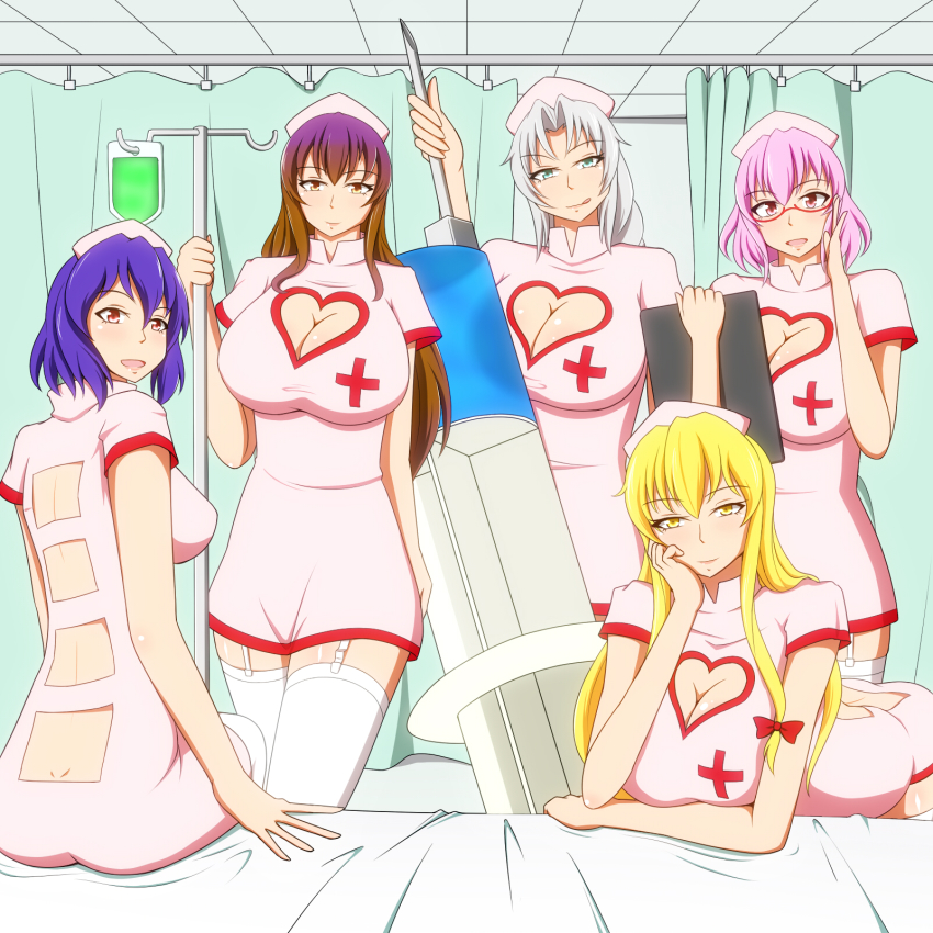 5girls aqua_eyes ass back_cutout backless_outfit bed bent_over bespectacled blonde_hair blue_eyes blue_hair bow braid breasts brown_eyes brown_hair cleavage cleavage_cutout clipboard clothing_cutout cross curtains dimples_of_venus dress garter_straps glasses hair_bow hand_on_own_cheek hand_on_own_face hat head_rest head_tilt heart heart_cutout highres hijiri_byakuren hospital_bed indoors lactone large_breasts large_syringe licking_lips lips long_hair multicolored_hair multiple_girls nurse nurse_cap on_bed open_mouth oversized_object pink_dress pink_eyes pink_hair purple_hair red-framed_eyewear red_eyes room saigyouji_yuyuko short_dress short_hair silver_hair single_braid sitting smile syringe thighhighs tongue tongue_out touhou white_legwear yagokoro_eirin yakumo_yukari yasaka_kanako yellow_eyes