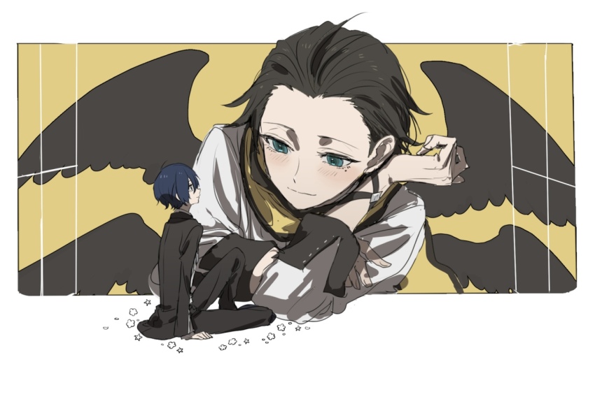 2boys black_hair black_jacket black_pants black_wings blue_eyes blue_hair blush closed_mouth commentary_request jacket long_sleeves male_focus mochizuki_ryouji mole mole_under_eye multiple_boys multiple_wings pants persona persona_3 scarf shirt simple_background sitting tamaon_2525 white_shirt wings yaoi yellow_scarf yuuki_makoto_(persona_3)
