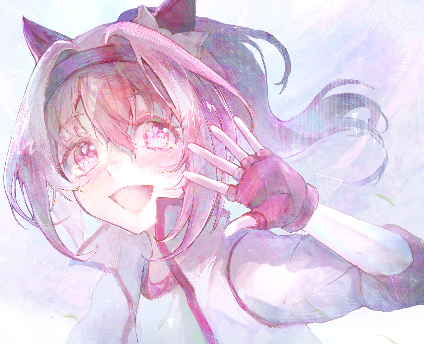 1girl animal_ears blush bow ear_bow ear_covers fingerless_gloves flower-shaped_pupils flower_in_eye gloves guanylunba hairband haru_urara_(bestest_prize)_(umamusume) haru_urara_(umamusume) headband highres horse_ears horse_girl jacket long_hair looking_at_viewer open_mouth pink_eyes pink_hair pink_headband ponytail red_gloves red_headband shirt smile solo symbol-shaped_pupils symbol_in_eye umamusume upper_body waving white_jacket white_shirt