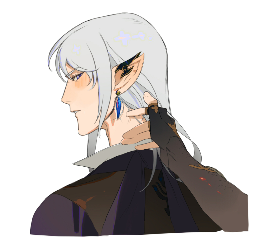 2boys 3000tan aymeric_de_borel black_gloves blue_eyes blush collared_shirt commentary_request cropped_torso ear_covers earrings elezen elf estinien_varlineau final_fantasy final_fantasy_xiv fingerless_gloves gloves hashtag-only_commentary highres jewelry long_hair long_pointy_ears looking_back male_focus multiple_boys out_of_frame outstretched_arm parted_lips piercing pointy_ears popped_collar shirt simple_background solo_focus white_background white_hair