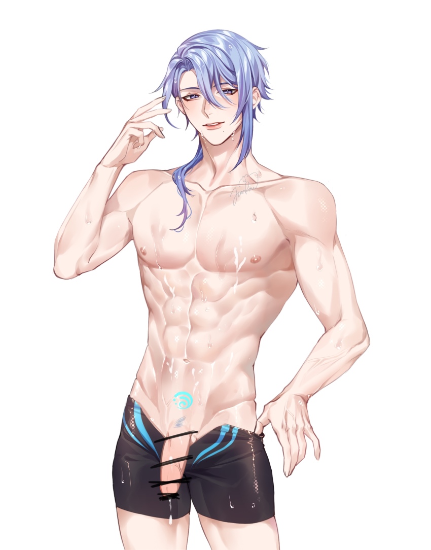 1boy abs bar_censor black_jammers black_male_swimwear blue_hair censored flaccid genshin_impact highres jammers jammers_pull kamisato_ayato male_focus male_swimwear male_swimwear_pull mole multicolored_hair muscular muscular_male navel nipples penis purple_eyes rourouki short_hair simple_background stomach swimsuit testicles white_background