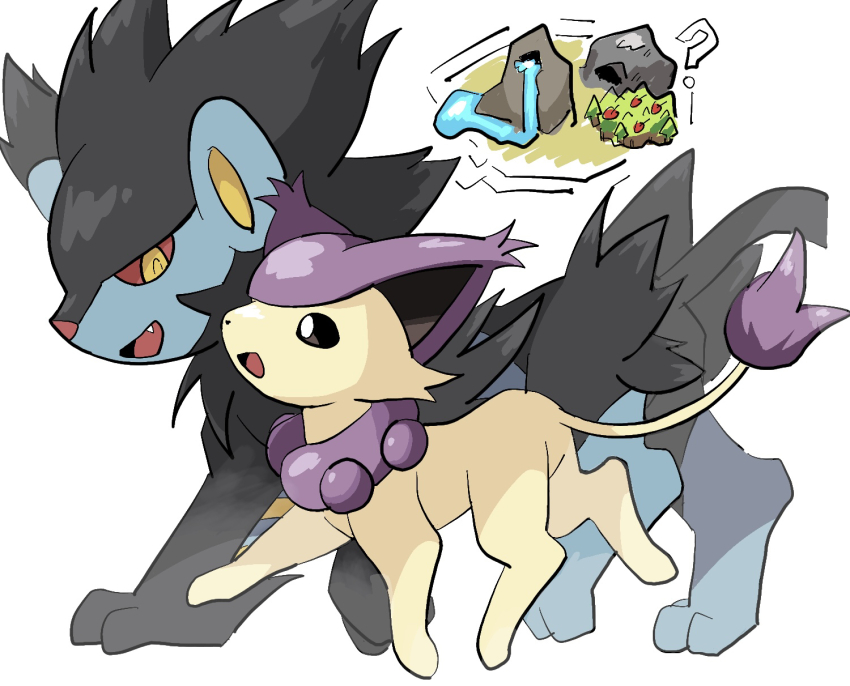 ? animal_focus cat colored_sclera commentary delcatty fang fluffy from_side gen_3_pokemon gen_4_pokemon highres luxray nintendo no_humans o_o_(pixiv_91006494) open_mouth pokemon pokemon_(creature) pokemon_mystery_dungeon pokemon_mystery_dungeon:_explorers_of_time/darkness/sky red_sclera simple_background tail walking white_background yellow_eyes