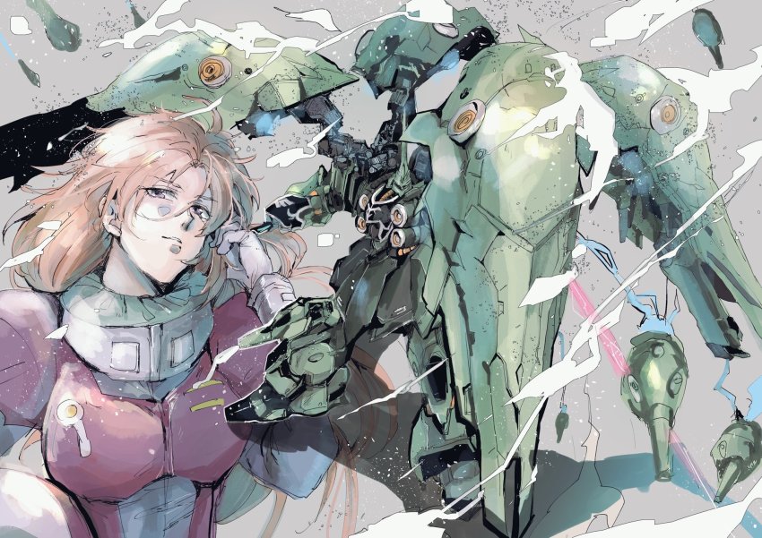 1girl commentary funnels_(gundam) gundam gundam_unicorn hand_in_own_hair highres kare_(0621utak) kshatriya long_hair looking_up marida_cruz mecha mecha_pilot_suit mobile_suit normal_suit_(gundam) orange_hair pilot_suit purple_eyes robot science_fiction shield smile standing