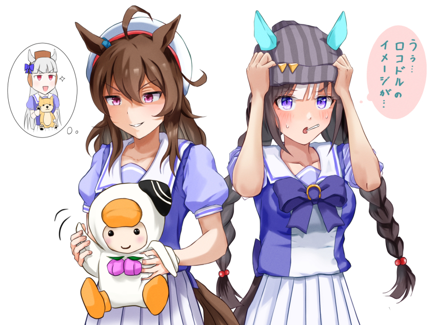 3girls :d arms_up beanie beret blue_shirt blunt_bangs blush bow braid breasts brown_hair brown_headwear candy chokin_tsucho ear_covers ears_through_headwear food food_in_mouth gold_ship_(umamusume) grey_headwear hair_bobbles hair_ornament hat headwear_switch highres hokko_tarumae_(umamusume) holding lollipop long_hair low_twintails medium_breasts mini_hat mouth_hold multicolored_hair multiple_girls nakayama_festa_(umamusume) open_mouth pleated_skirt puffy_short_sleeves puffy_sleeves purple_bow red_eyes school_uniform shirt short_sleeves simple_background skirt smile sparkle striped_clothes striped_headwear sweat tomachop tracen_school_uniform translation_request twin_braids twintails two-tone_hair umamusume v-shaped_eyebrows vertical-striped_clothes vertical-striped_headwear very_long_hair white_background white_hair white_headwear white_skirt