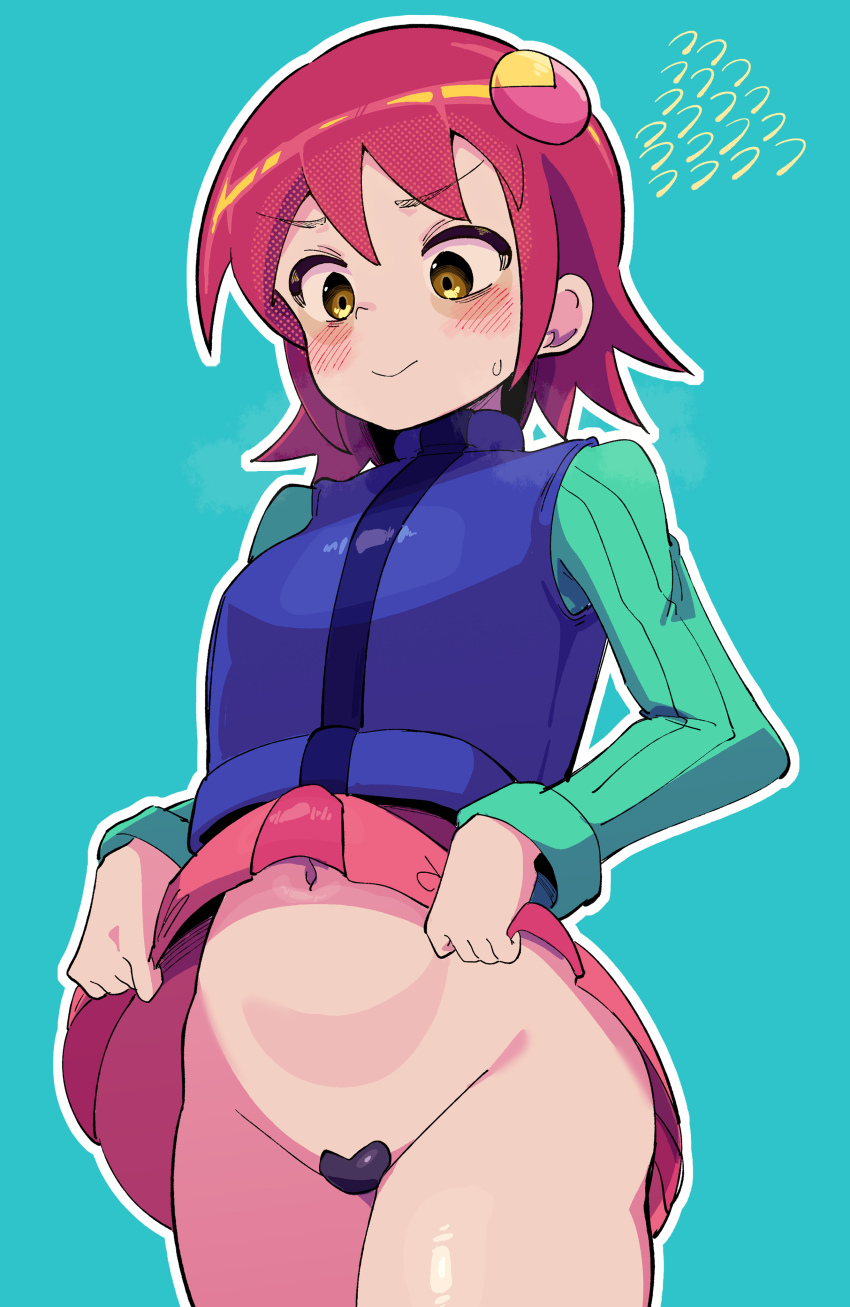 1girl absurdres blue_vest blush buzzlyears clothes_lift female_focus hair_ornament highres maebari mayl_sakurai_(mega_man) medium_hair mega_man_(series) mega_man_battle_network pink_skirt red_hair shiny_skin simple_background skirt skirt_lift thighs vest yellow_eyes