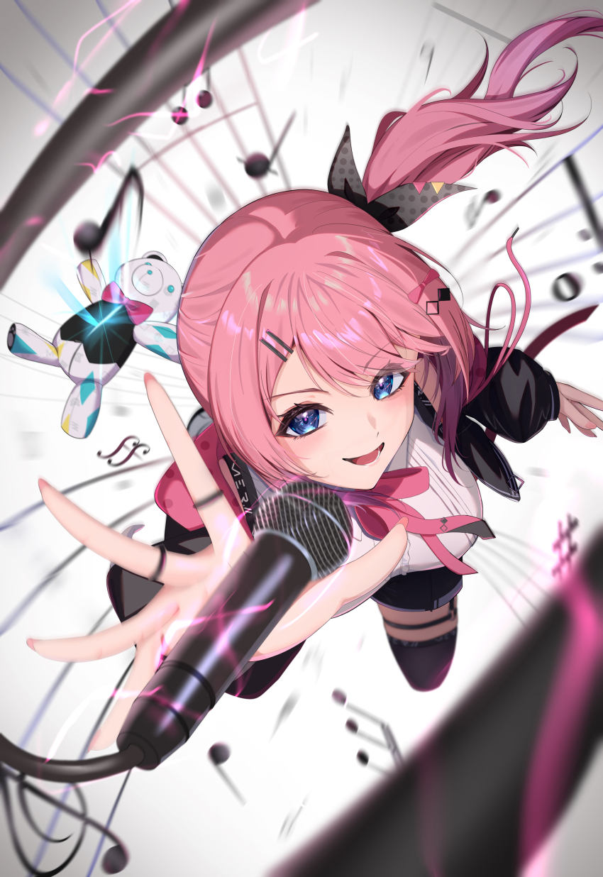 1girl absurdres black_jacket black_thighhighs blue_eyes blurry blurry_foreground breasts commentary cropped_jacket depth_of_field eye_contact eyelashes gradient_hair highres jacket kuramochi_meruto kuramochi_meruto_(1st_costume) large_breasts long_hair long_sleeves looking_at_another looking_at_viewer multicolored_hair musical_note neck_ribbon nijisanji nmhdtnr1 open_mouth pink_hair pink_ribbon purple_hair reaching reaching_towards_viewer ribbon shirt side_ponytail solo stuffed_animal stuffed_toy teddy_bear thigh_strap thighhighs virtual_youtuber white_shirt