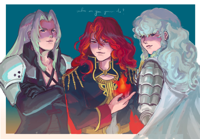 3boys armor arvis_(fire_emblem) bakanachos berserk bishounen blue_background blue_eyes border cape commentary cropped_jacket crossed_arms epaulettes final_fantasy final_fantasy_vii final_fantasy_vii_remake fire_emblem fire_emblem:_genealogy_of_the_holy_war griffith_(berserk) highres long_hair looking_back multiple_boys nintendo red_cape red_eyes sephiroth shoulder_armor smirk smug upper_body wavy_hair white_border white_cape white_hair