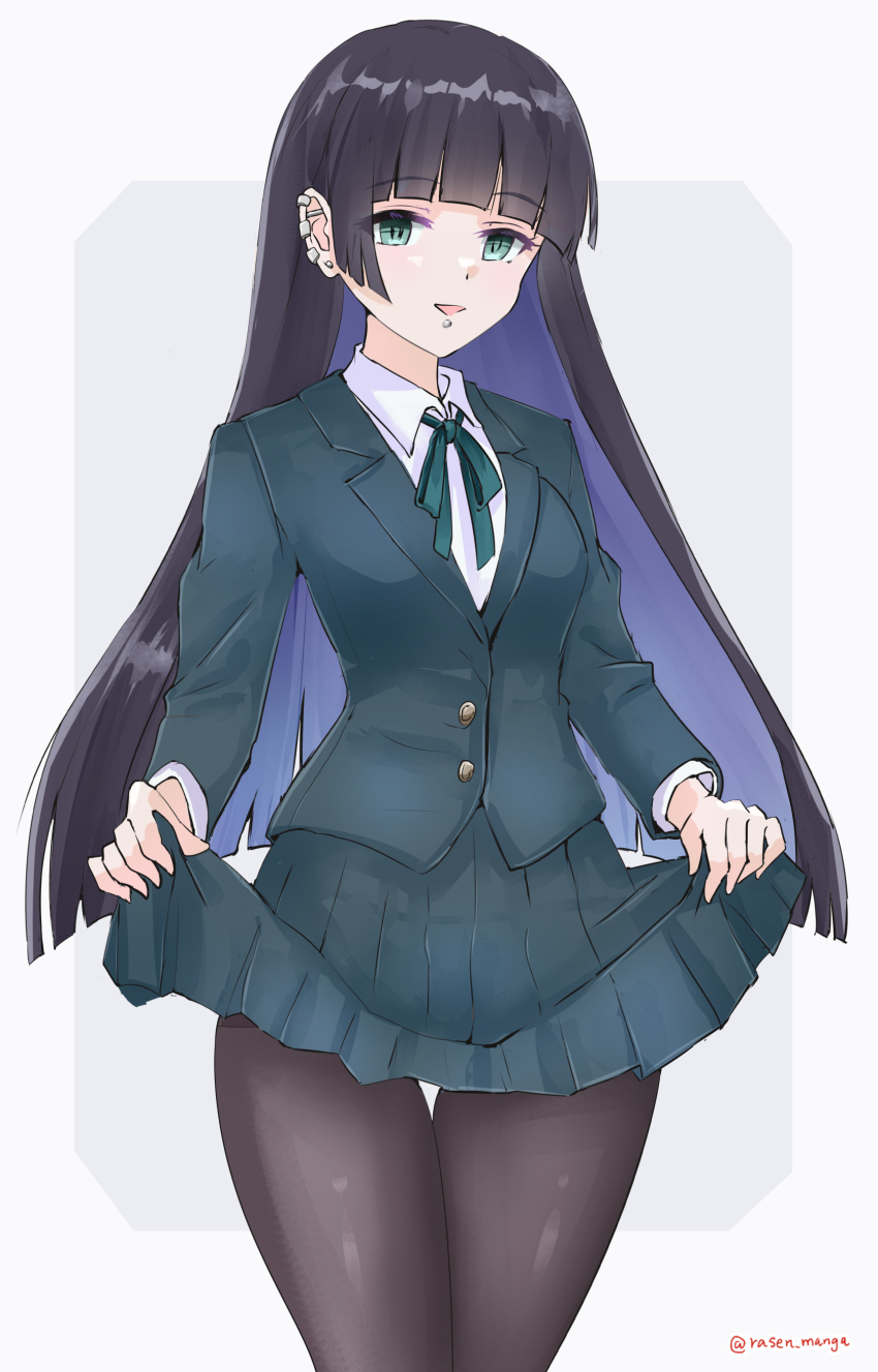 1girl absurdres artist_name black_hair black_pantyhose blue_eyes blue_jacket blue_skirt bocchi_the_rock! breasts chin_piercing clothes_lift collared_shirt colored_inner_hair ear_piercing eyebrows_hidden_by_hair highres jacket lifting_own_clothes long_hair looking_at_viewer medium_breasts multicolored_hair open_mouth pa-san pantyhose piercing rasen_manga school_uniform shirt simple_background skirt skirt_lift smile solo white_background white_shirt