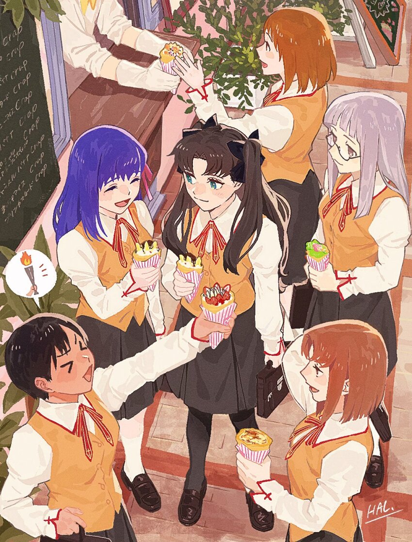 &gt;_&lt; 6+girls arm_up bag black_bag black_hair black_pantyhose black_ribbon black_shirt black_skirt blush brown_hair brown_sweater_vest closed_mouth collared_shirt crepe dessert eyelashes fate/stay_night fate_(series) food food_request fruit glasses gloves hal_(haaaalhal) highres himuro_kane holding holding_bag holding_crepe holding_food juliet_sleeves long_hair long_sleeves looking_at_another makidera_kaede matou_sakura menu mitsuzuri_ayako multiple_girls open_mouth pantyhose pink_ribbon puffy_sleeves purple_eyes purple_hair red_ribbon ribbon saegusa_yukika shirt short_hair signature skirt speech_bubble strawberry sweater_vest tohsaka_rin twintails white_gloves white_pantyhose white_shirt