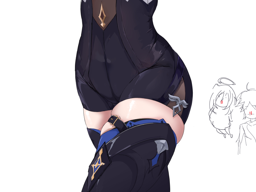 ._. :| absurdres aether_(genshin_impact) black_boots black_leotard black_thighhighs blood blue_thighhighs boots close-up closed_mouth commentary covered_navel english_commentary eula_(genshin_impact) feet_out_of_frame genshin_impact head_out_of_frame highres leotard nosebleed paimon_(genshin_impact) side_slit simple_background skindentation smurtz solo_focus standing thigh_boots thigh_strap thighhighs thighhighs_under_boots thighs white_background
