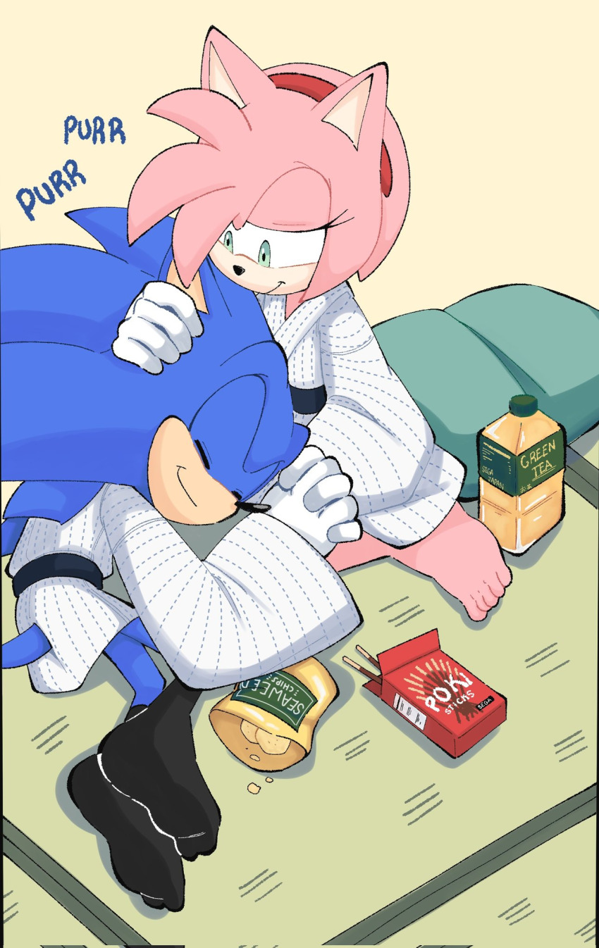 1boy 1girl amy_rose arantarisu_yamu barefoot bent_over black_socks blue_fur blue_hair bottle child chips_(food) closed_eyes feet food green_eyes green_tea half-closed_eyes highres indoors japanese_clothes kimono lap_pillow legs lying pillow pink_fur pink_hair pocky potato_chips resting sega smile socks sonamy sonic_(series) sonic_the_hedgehog spiked_hair tea toes yukata