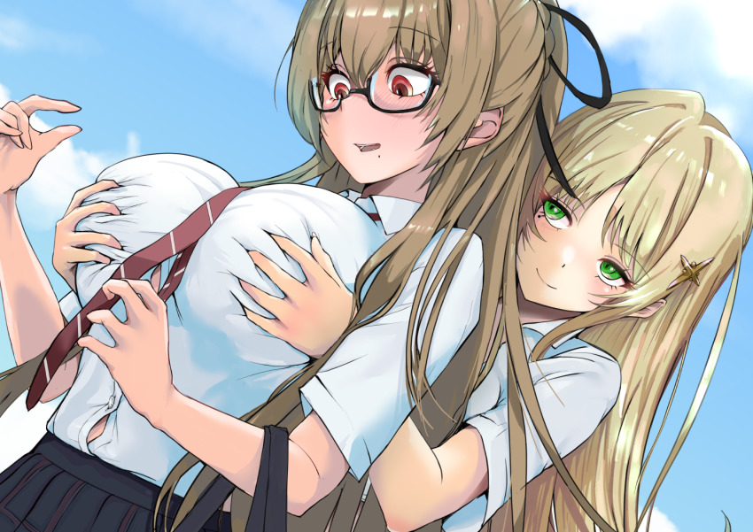 2girls azur_lane black-framed_eyewear black_ribbon black_skirt blonde_hair blue_sky breasts brown_hair collared_shirt fiji_(azur_lane) glasses grabbing_another&#039;s_breast grabbing_from_behind green_eyes groping hair_ornament hair_ribbon large_breasts light_smile long_hair mole mole_under_mouth multiple_girls necktie outdoors p.i.t.d red_eyes red_necktie ribbon school_uniform shirt skirt sky swiftsure_(azur_lane) swiftsure_(study_hall_cyclamen)_(azur_lane) white_shirt wing_collar yuri