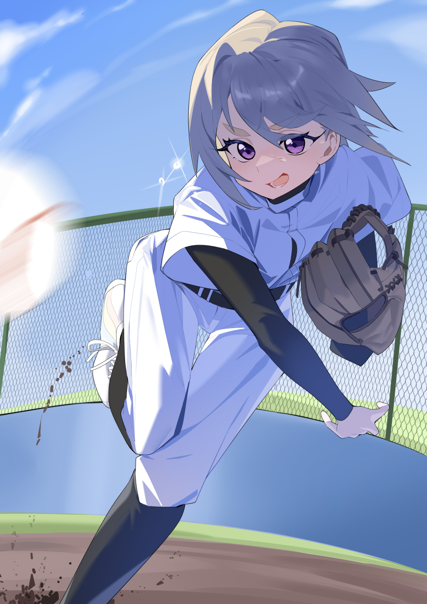1girl absurdres baseball baseball_glove baseball_uniform black_undershirt commentary grey_hair highres kimi_no_koto_ga_dai_dai_dai_dai_daisuki_na_100-nin_no_kanojo leaning_forward leg_up long_sleeves looking_at_viewer open_mouth outdoors pants pitching purple_eyes shirt_under_shirt short_hair solo sportswear standing standing_on_one_leg sutou_iku sweat wako_(1194433260) white_pants