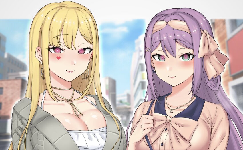 2girls absurdres akkgsyk aqua_eyes blonde_hair blush bow breasts cardigan city day dress earrings facial_mark frilled_dress frills grey_cardigan hair_ornament hairband hairclip heart heart-shaped_pupils heart_facial_mark highres hoop_earrings jewelry large_breasts long_hair long_sleeves luis_cammy mole mole_under_mouth multiple_girls necklace nijisanji outdoors pink_bow pink_eyes pink_hairband pink_lips pink_shirt purple_hair sakura_ritsuki shirt smile symbol-shaped_pupils upper_body very_long_hair virtual_youtuber white_dress