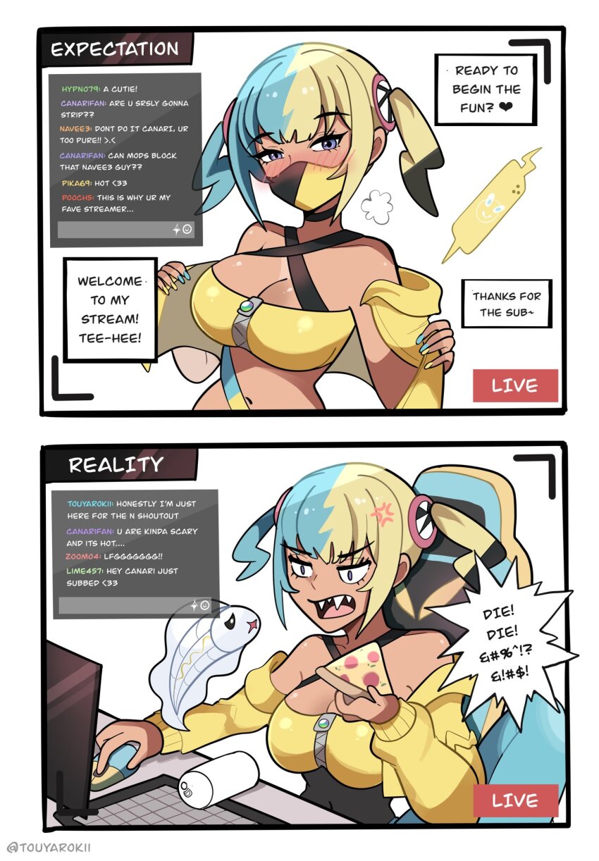 1girl 1other anger_vein aqua_hair bandeau bare_shoulders black_choker black_mask blonde_hair blush breasts canari_(pokemon) chair choker cleavage computer computer_mouse criss-cross_halter crop_top english_text expectation_vs._reality food gaming_chair gen_4_pokemon gen_5_pokemon hair_ornament halterneck highres holding holding_food holding_pizza jacket large_breasts livestream mask midriff mouth_mask multicolored_hair navel nintendo open_clothes open_jacket open_mouth pizza pizza_slice pokemon pokemon_(creature) pokemon_legends:_z-a profanity rotom rotom_phone sharp_teeth short_twintails sitting split-color_hair spread_legs stomach swivel_chair teeth touyarokii twintails two-tone_hair two-tone_mask tynamo wide_hips yellow_bandeau yellow_jacket yellow_mask