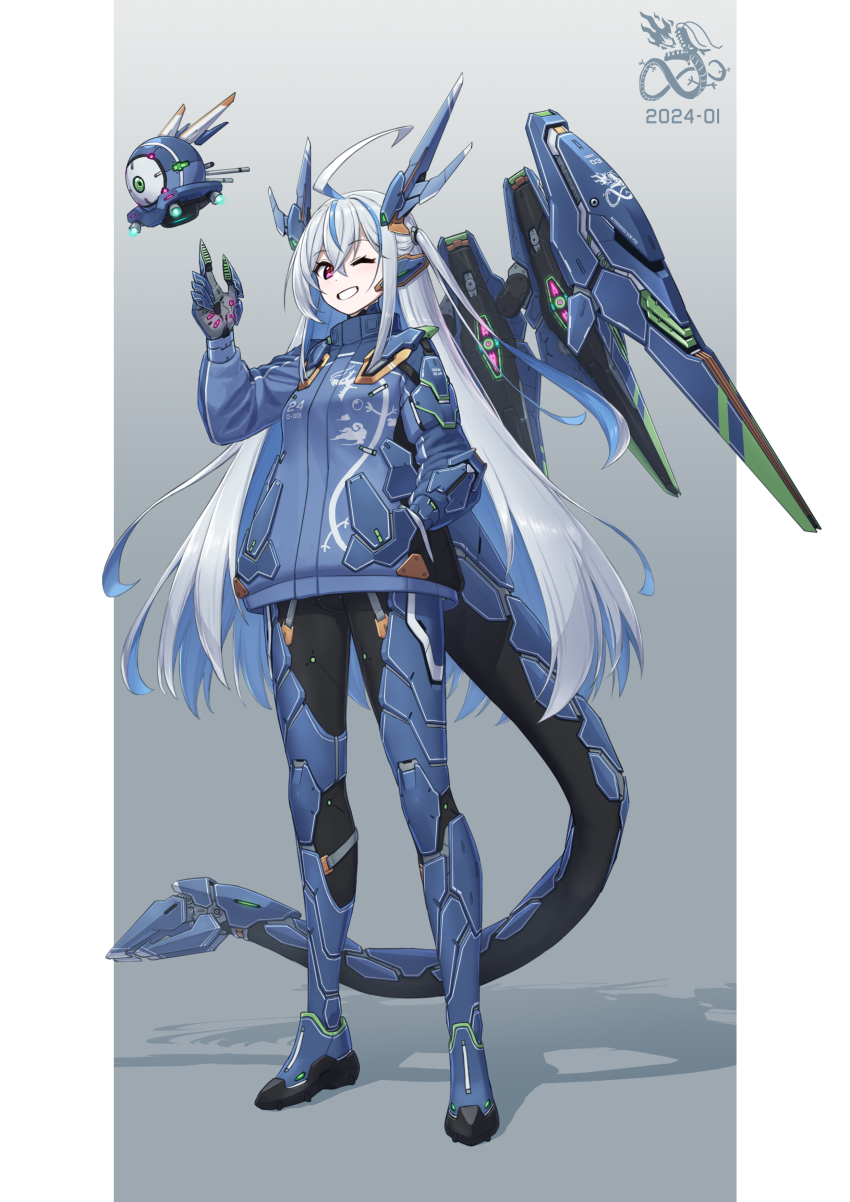 1girl absurdres ahoge arm_up blue_hair blue_shirt brown_eyes colored_inner_hair dated dragon_girl full_body grey_background grey_hair hand_in_pocket hand_up highres long_hair maxilax mecha mechanical_tail mechanical_wings multicolored_hair one_eye_closed original robot shadow shirt smile solo standing tail two-tone_hair wings