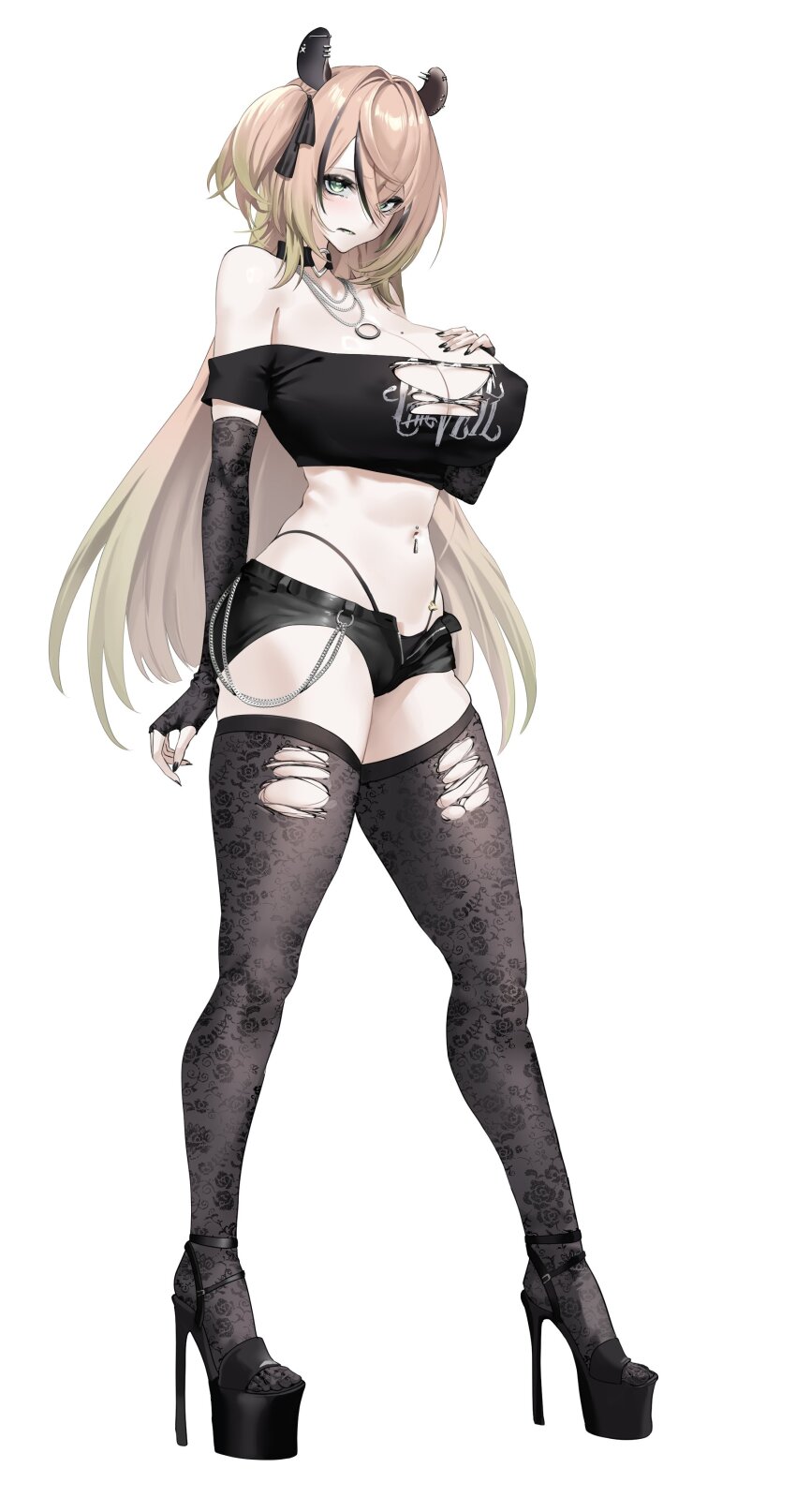1girl absurdres alternate_costume alternate_hair_length alternate_hairstyle animal_ears bikini_under_shorts black_gloves black_shorts black_streaks black_thighhighs breasts brown_hair choker cleavage commentary commission crop_top elbow_gloves fingerless_gloves full_body gloves green_eyes heart heart_choker high_heels highres huge_breasts indie_virtual_youtuber long_hair midriff mole mole_on_breast multicolored_hair navel navel_piercing nimi_nightmare piercing sebakanken second-party_source short_shorts shorts simple_background skindentation solo streaked_hair tapir_ears tapir_girl thighhighs torn_clothes torn_thighhighs virtual_youtuber white_background
