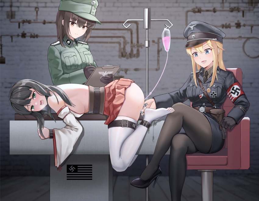 3girls absurdres bdsm black_gloves black_hair black_pantyhose blonde_hair blue_eyes blush bondage bound brown_eyes brown_hair clipboard commission cross enema femdom fingering gloves green_eyes hat highres holding holding_clipboard indoors iron_cross japanese_clothes long_hair man_in_the_high_castle medium_hair miko military military_hat military_uniform multiple_girls nazi nazism open_mouth original pantyhose restrained sitting swastika teeth thighhighs white_thighhighs world_war_ii yasaidaikon yuri