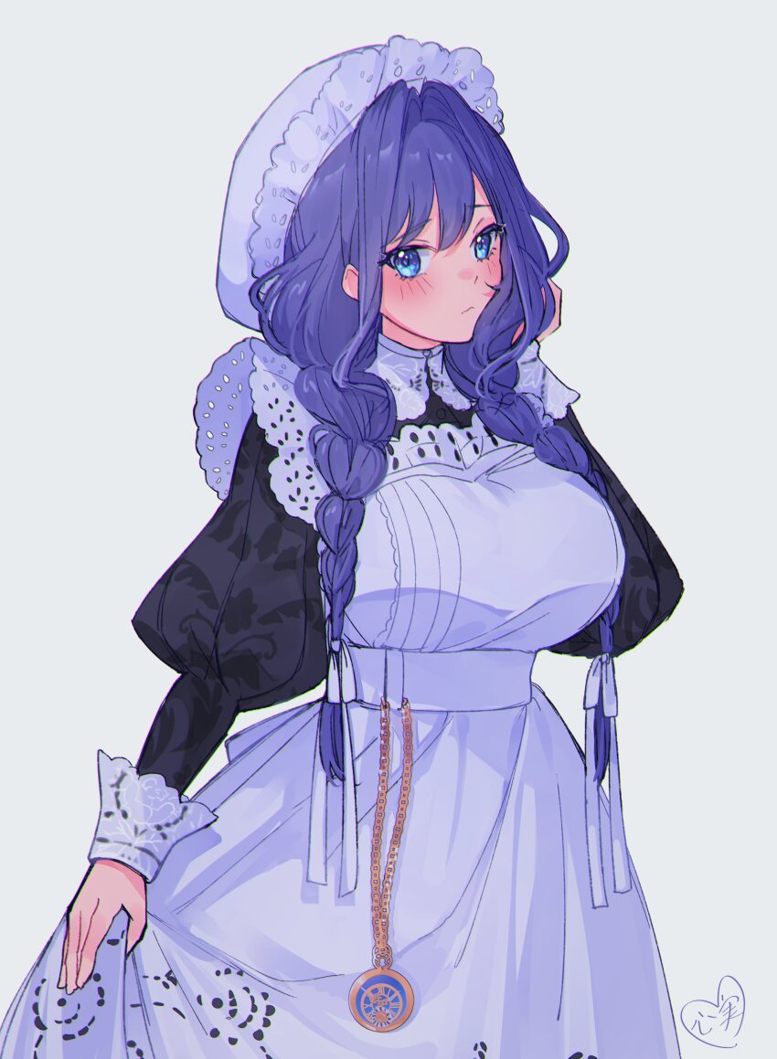 1girl absurdres apron blue_eyes blue_hair blush braid breasts grey_background hat highres hololive hololive_english juliet_sleeves kokomi_(aniesuakkaman) large_breasts long_hair long_sleeves maid maid_apron mob_cap ouro_kronii ouro_kronii_(maid) pocket_watch puffy_sleeves signature twin_braids virtual_youtuber watch