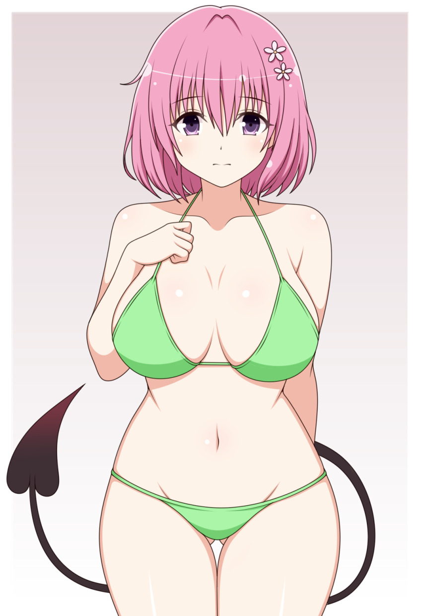 1girl bikini blush breasts cleavage closed_mouth demon_tail green_bikini highres ichiryuu_tsumiki large_breasts legs looking_at_viewer momo_velia_deviluke navel pink_hair purple_eyes short_hair simple_background solo standing stomach swimsuit tail thigh_gap thighs to_love-ru white_background