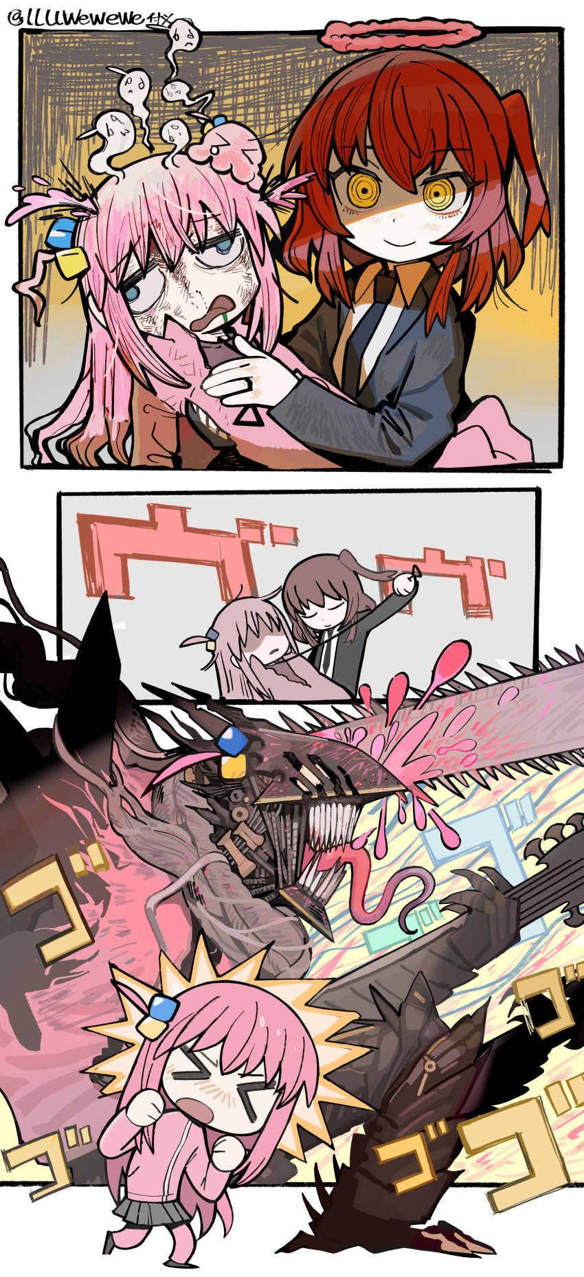 &gt;_&lt; 2girls ^^^ absurdres black_jacket black_necktie blazer blood blood_splatter blue_eyes blush bocchi_the_rock! border brown_footwear chainsaw_man character_request chibi clenched_hands closed_eyes closed_mouth cloud_halo collared_jacket collared_shirt cosplay crossover cube_hair_ornament defeat dirty dirty_face dot_nose frown ghost gotoh_hitori gotoh_hitori_(octopus) grey_skirt hair_ornament halo hand_on_another&#039;s_chest highres jacket jewelry kita_ikuyo lap_pillow lapels llllwewewe long_hair long_sleeves makima_(chainsaw_man) makima_(chainsaw_man)_(cosplay) medium_hair miniskirt monster multiple_girls multiple_views necktie notched_lapels one_side_up open_clothes open_jacket open_mouth outside_border pants pants_under_skirt pink_hair pink_jacket pink_pants pleated_skirt pulling red_hair red_halo ring shirt shoes skirt smile sound_effects track_jacket twitter_username very_long_hair wavy_mouth white_border white_shirt yellow_eyes zipper
