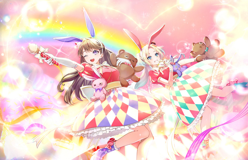 2girls :d ;d @it&#039;s_a_wonderful_world!_(love_live!) animal_ear_hairband animal_ears aqua_skirt argyle_clothes argyle_skirt blonde_hair blue_eyes blue_hair bow bowtie brown_skirt collared_shirt donut_hair_ornament elbow_gloves fake_animal_ears fang floating flower food food-themed_hair_ornament frilled_skirt frills fujishima_megumi game_cg gloves gradient_hair grin hair_ornament hairband heart highres holding holding_microphone holding_stuffed_toy ice_cream leg_up lens_flare light_blue_hair link!_like!_love_live! long_hair love_live! macaron_hair_ornament medium_skirt microphone mira-cra_park! multicolored_hair multicolored_skirt multiple_girls official_art one_eye_closed open_mouth osawa_rurino outstretched_arm oversized_food oversized_object parted_bangs polo_shirt puffy_short_sleeves puffy_sleeves purple_eyes rabbit_ear_hairband rabbit_ears rainbow red_footwear red_shirt red_skirt shirt shoes short_sleeves skirt smile soft_serve sparkle sprinkles streamers stuffed_animal stuffed_rabbit stuffed_toy teddy_bear teeth third-party_source twintails two_side_up upper_teeth_only virtual_youtuber white_bow white_bowtie white_flower white_gloves white_hairband white_skirt