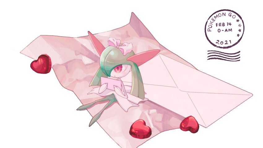 bow colored_skin gen_3_pokemon green_hair green_skin hair_bow heart highres holding holding_letter horns kirlia letter multicolored_skin mxlaghrsuk33yws nintendo pink_bow pink_eyes pokemon pokemon_(creature) pokemon_go sidelocks simple_background two-tone_skin valentine white_background white_skin