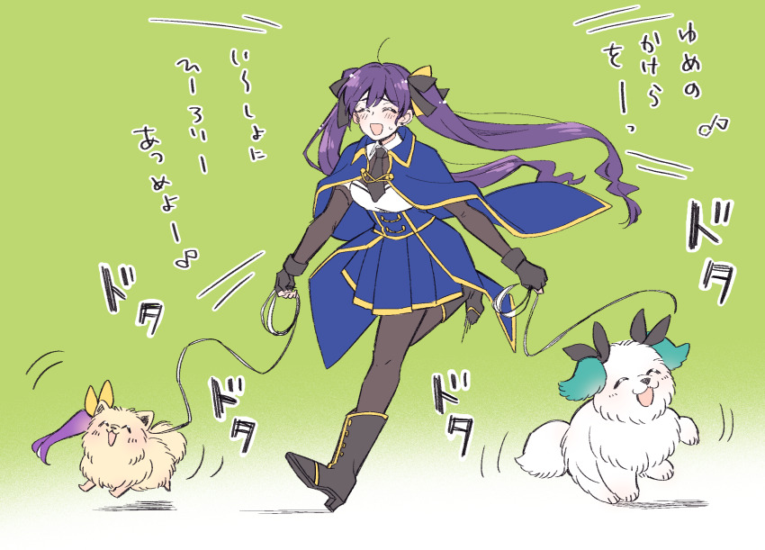1girl :3 :d ^_^ animal animalization aqua_hair assault_lily black_footwear black_gloves black_ribbon blue_cloak blue_skirt blush boots brown_pantyhose cloak closed_eyes collared_shirt detached_sleeves dog dual_wielding eighth_note fingerless_gloves floating_hair gloves gradient_background green_background hair_ribbon high-waist_skirt high_heel_boots high_heels highres hishida_haru holding holding_leash kawanabe_nazuna leash leg_up long_hair long_sleeves midair miniskirt motion_lines musical_note odaiba_girls_high_school_uniform open_mouth pantyhose pet_walking pleated_skirt purple_hair ribbon running school_uniform shirt side_ponytail skirt smile sorato_(astllatte) suzuki_chinami sweatdrop translation_request twintails very_long_hair waist_cape white_background white_shirt yellow_ribbon