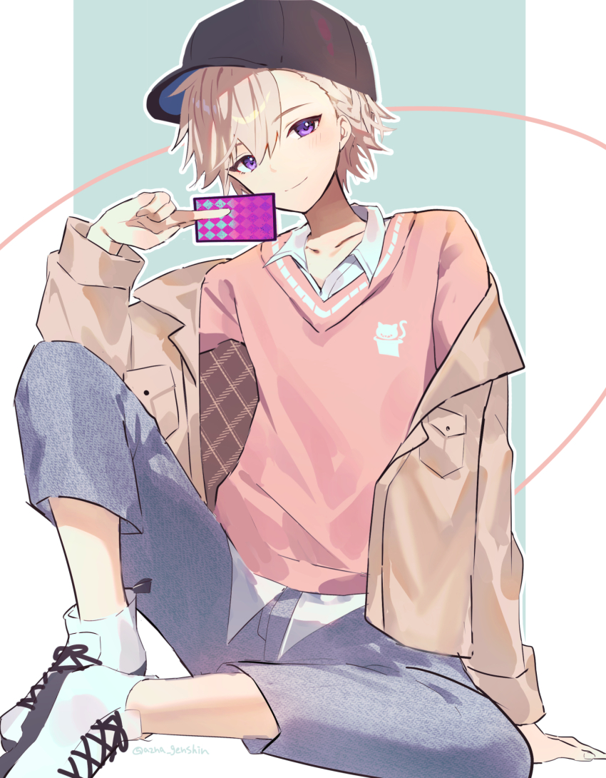 1boy alternate_costume azna black_shoes blush brown_jacket card closed_mouth collared_shirt genshin_impact hair_between_eyes hat highres holding holding_card jacket long_sleeves looking_at_viewer lyney_(genshin_impact) male_focus open_clothes open_jacket pants pink_shirt purple_eyes shirt shoes simple_background sitting sneakers solo twitter_username white_shirt white_shoes