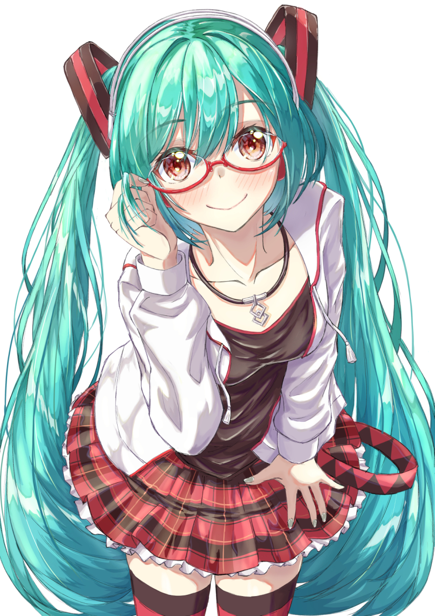 1girl adjusting_eyewear aqua_hair black_shirt blush breasts closed_mouth collarbone cowboy_shot floating_headgear frilled_skirt frills glasses hatsune_miku headgear highres jacket leaning_forward long_hair long_sleeves looking_at_viewer miniskirt nail_polish open_clothes open_jacket plaid_clothes plaid_skirt qussie red-framed_eyewear red_eyes red_skirt semi-rimless_eyewear shirt skirt small_breasts smile solo standing striped_clothes striped_thighhighs thighhighs twintails under-rim_eyewear very_long_hair vocaloid white_background white_jacket zettai_ryouiki