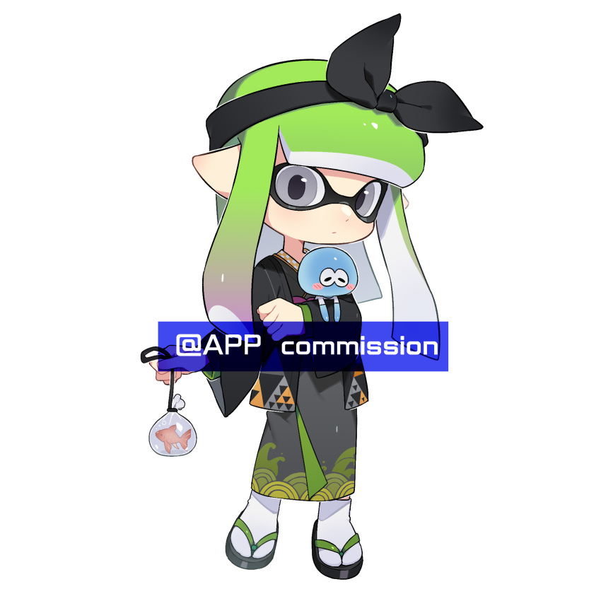 1girl animal bag bagged_fish black_bow black_hairband black_haori blunt_bangs bow bow_hairband closed_mouth commentary commission cosplay expressionless fish full_body gradient_hair green_hair grey_eyes grey_kimono hair_bow hairband haori highres holding holding_animal holding_bag ichijip_app inkling inkling_girl inkling_player_character japanese_clothes jellyfish_(splatoon) kimono long_hair long_sleeves marie_(kimono)_(splatoon) marie_(splatoon) marie_(splatoon)_(cosplay) multicolored_hair nintendo pink_hair pointy_ears print_kimono sandals seigaiha solo splatoon_(series) splatoon_2 standing tabi tentacle_hair white_background wide_sleeves zouri