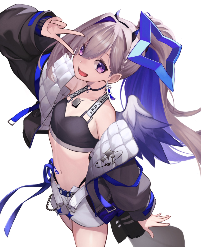 amane_kanata amane_kanata_(lock_on) belt black_choker black_sports_bra blue_hair braid breasts choker colored_inner_hair earrings feathered_wings genshu_doki grey_hair halo highres hololive jewelry long_hair midriff multicolored_hair navel o-ring o-ring_choker official_alternate_costume open_mouth ponytail purple_eyes shorts small_breasts solo sports_bra star_halo stomach v virtual_youtuber white_belt white_shorts wings