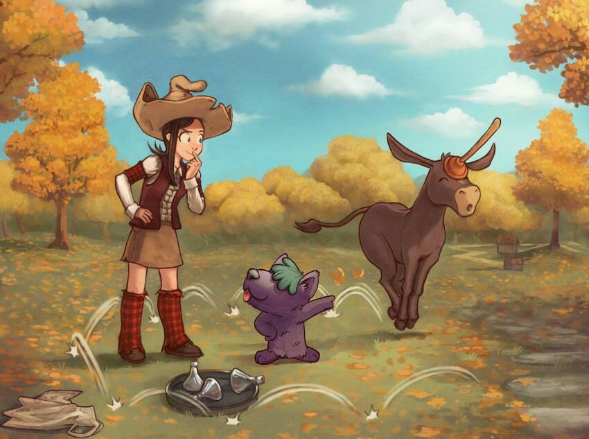 1girl apron arm_up armband blue_eyes brown_hair brown_horse brown_miniskirt brown_vest center_frills checkered_armband checkered_clothes david_revoy dog erlenmeyer_flask flask frilled_shirt frills full_body green_fur hand_on_own_face hand_on_own_hip horse leaf miniskirt non-web_source outdoors path pepper&amp;carrot pepper_(pepper&amp;carrot) plunger pointing purple_fur road shirt shoes skirt smile stone_walkway tray tree vest white_apron
